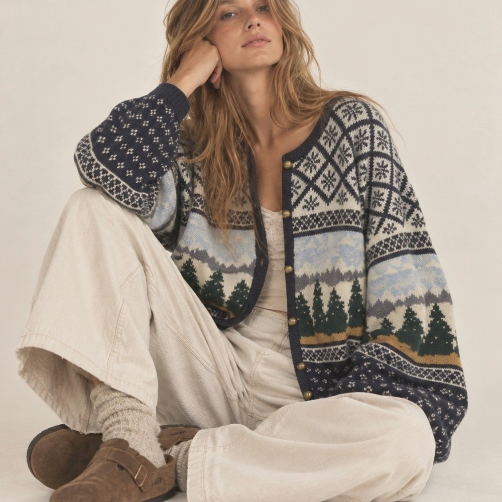 Vintage Cardigan Sweater Mountain Forest Knit 2X Blue Cabin Gorpcore Scandi Fall
